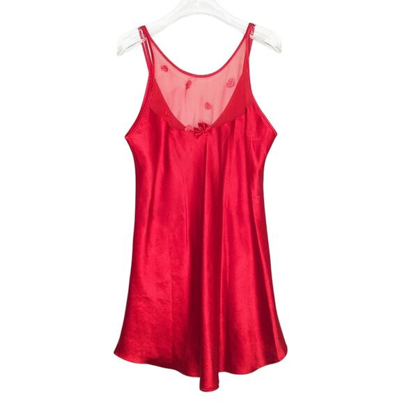 Vintage 90's Red Embroidered Heart Pattern Semi Sheer Slip Dress Nightie Bow M - Picture 1 of 10